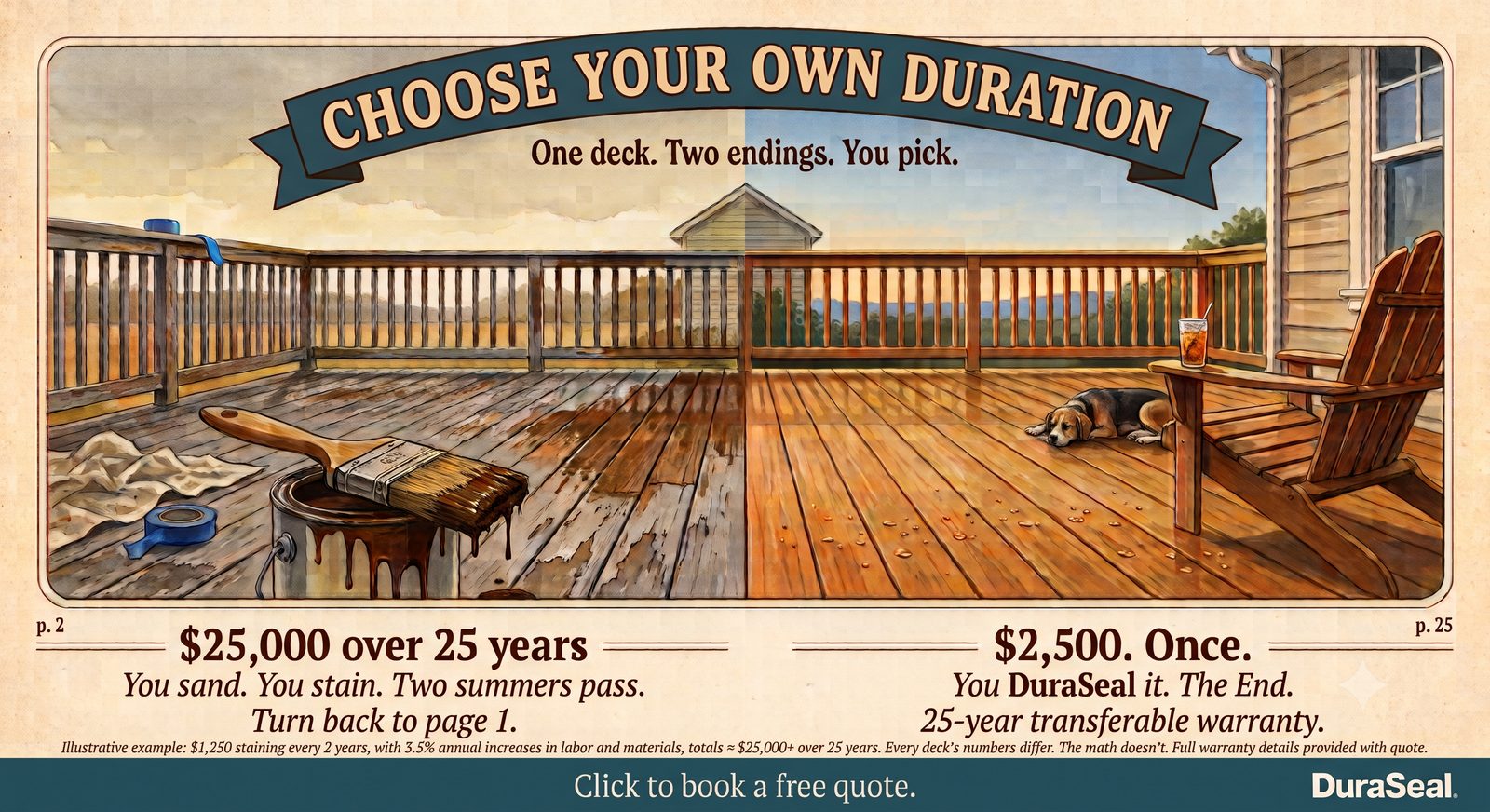Choose your own duration: $25,000 over 25 years of staining, or $2,500 once with DuraSeal and a 25-year transferable warranty